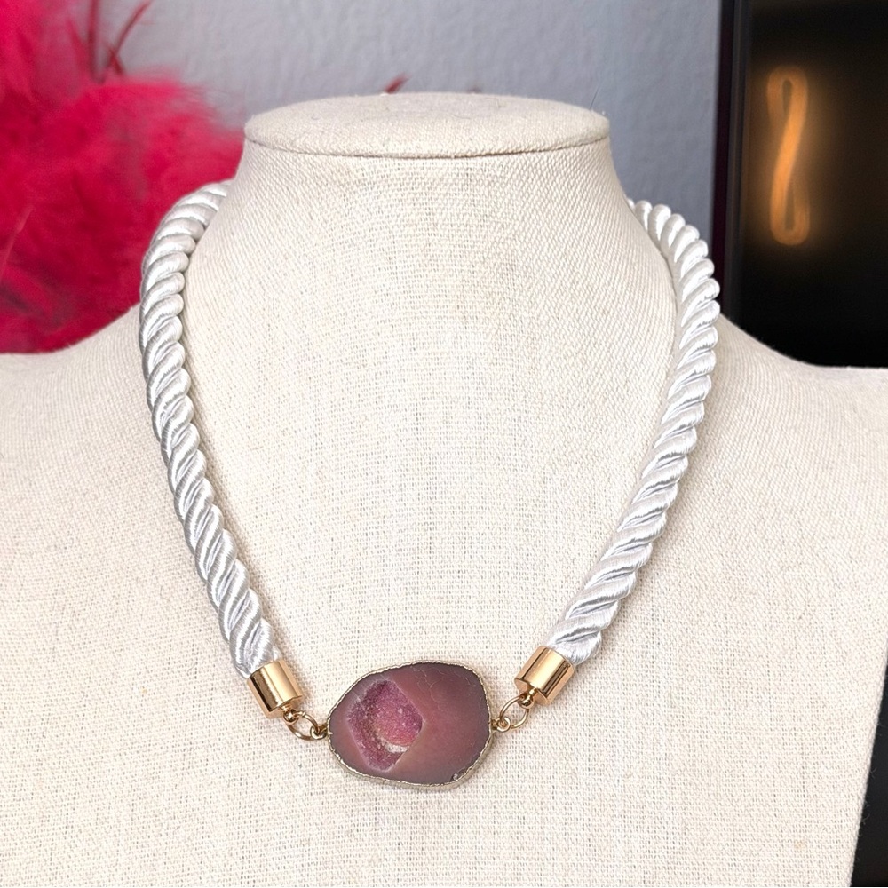 Rope Necklace with Cranberry Druzy Pendant